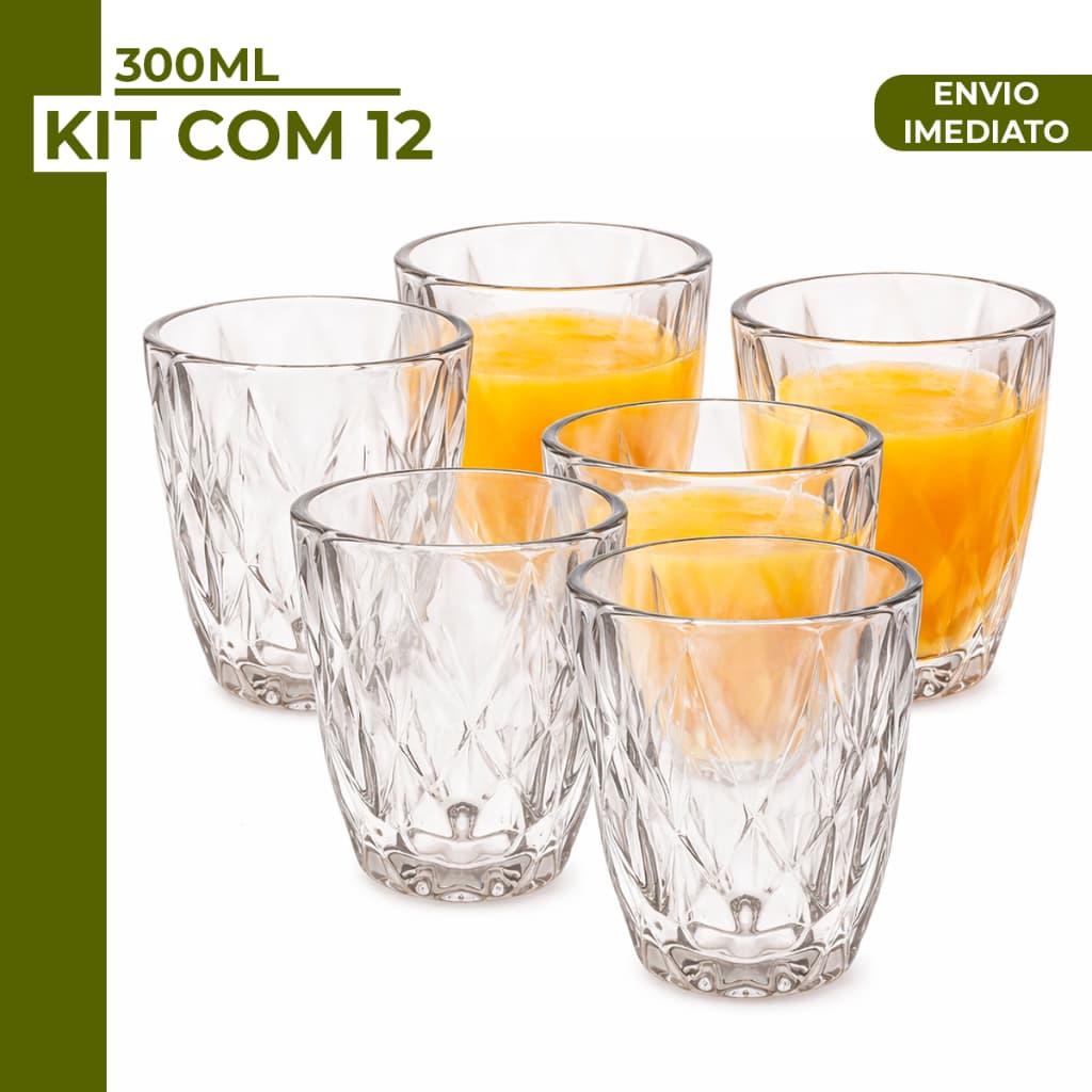 Jogo 6 Copos Baixos Diamond 300ml Vidro Grosso Diamante Luxo