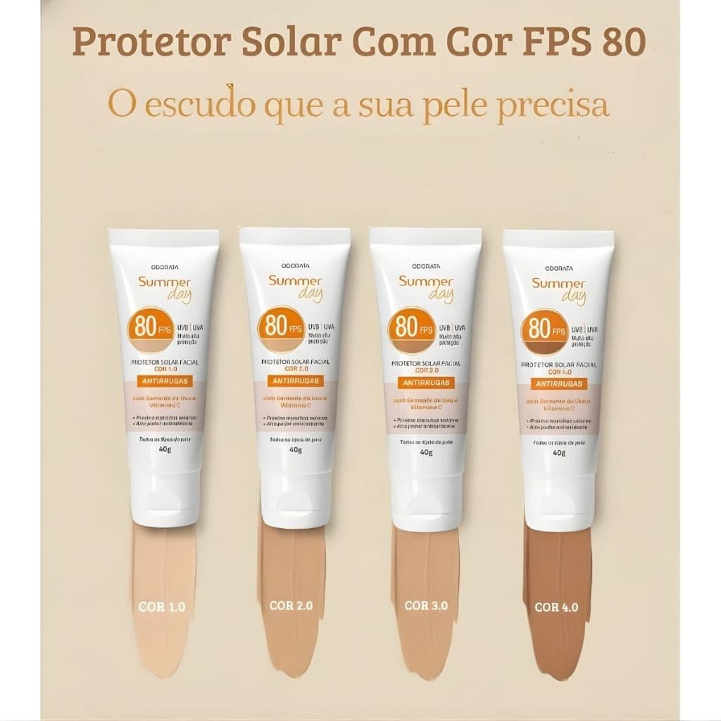 Protetor Solar Facial Antirrugas Com Cor FPS 80 - Summer Day Odorata 40g