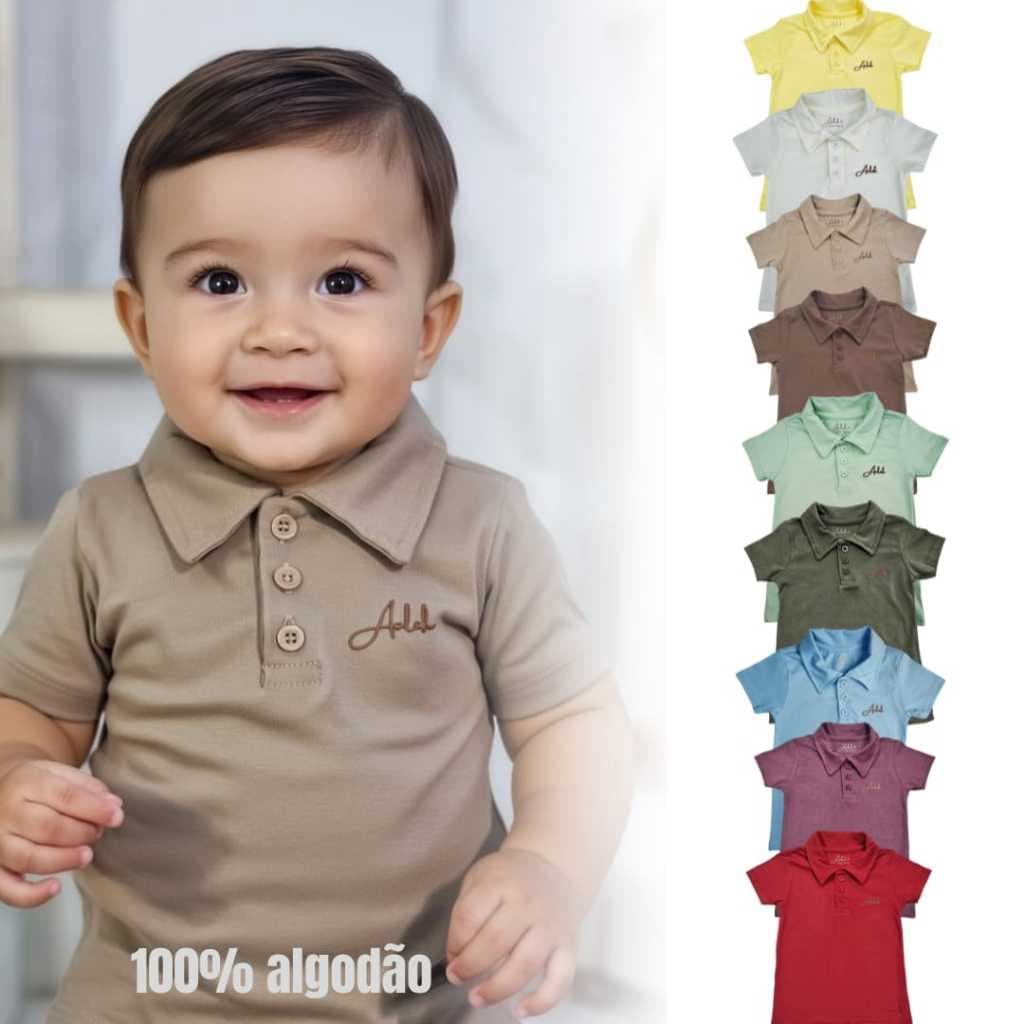 Camisa Gola Polo Bebê Menino Primeiros Passos Tamanho 1, 2 e 3 em algodão