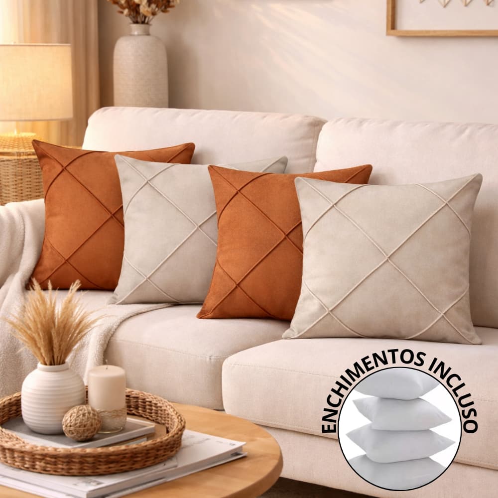 Kit 04 Almofadas Cheias Suede Drapeada 43x43cm Decorativas Sala Quarto Sofá