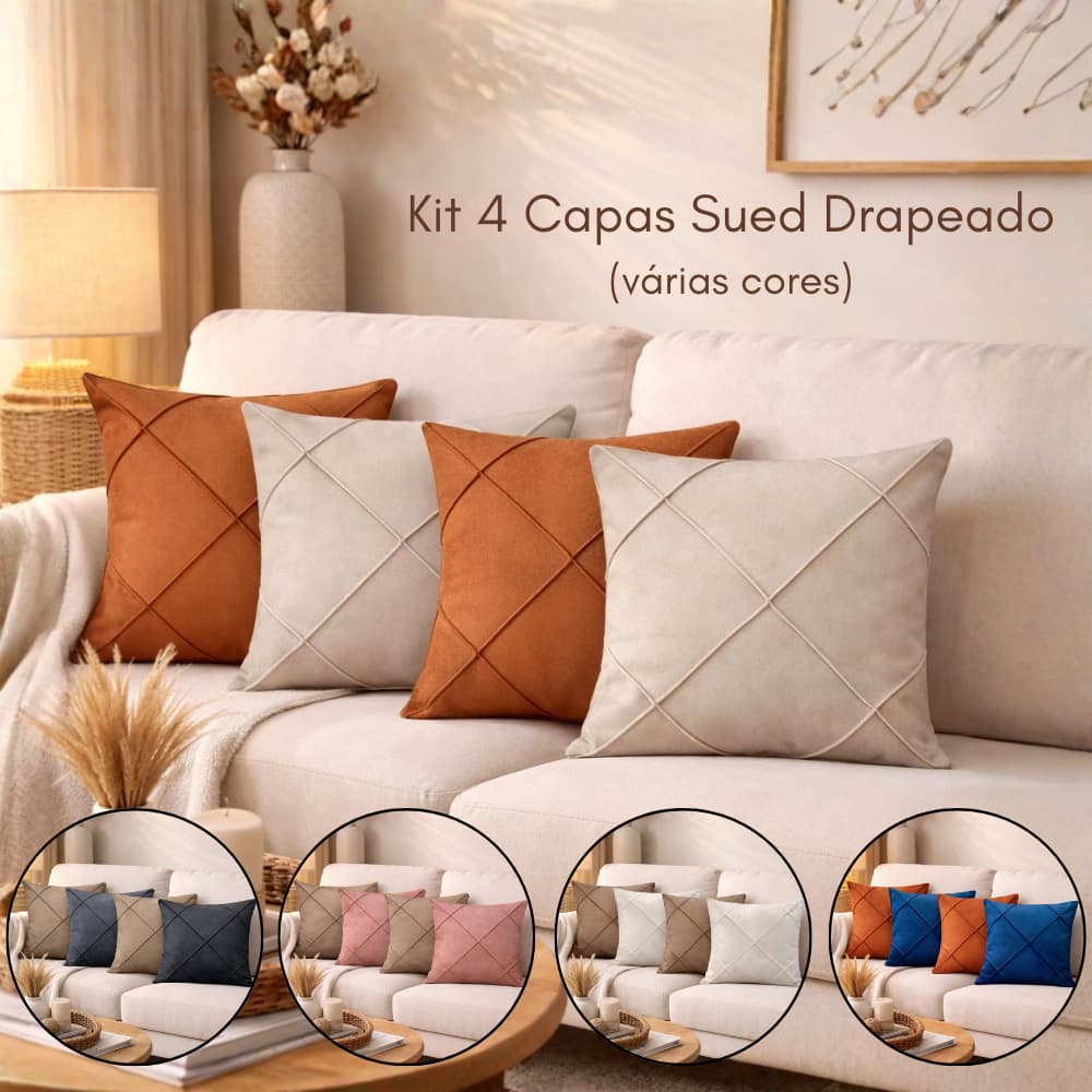 Kit 4 Capas de Almofada Suede Drapeada 43x43 com Zíper Invisível