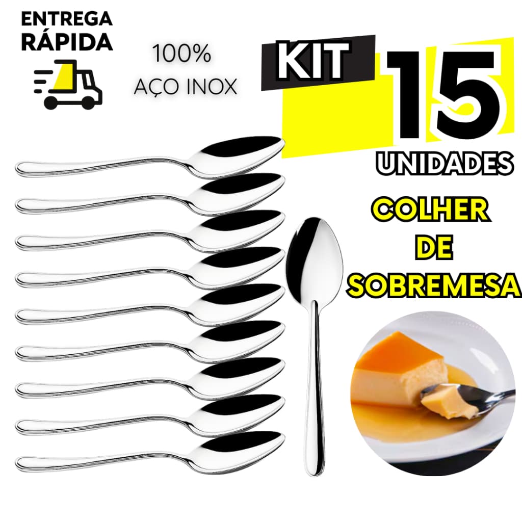 Kit 15 Colher Inox De Sobremesa Talheres Qualidade Resistente Reforçada Doces Chá Cozinha