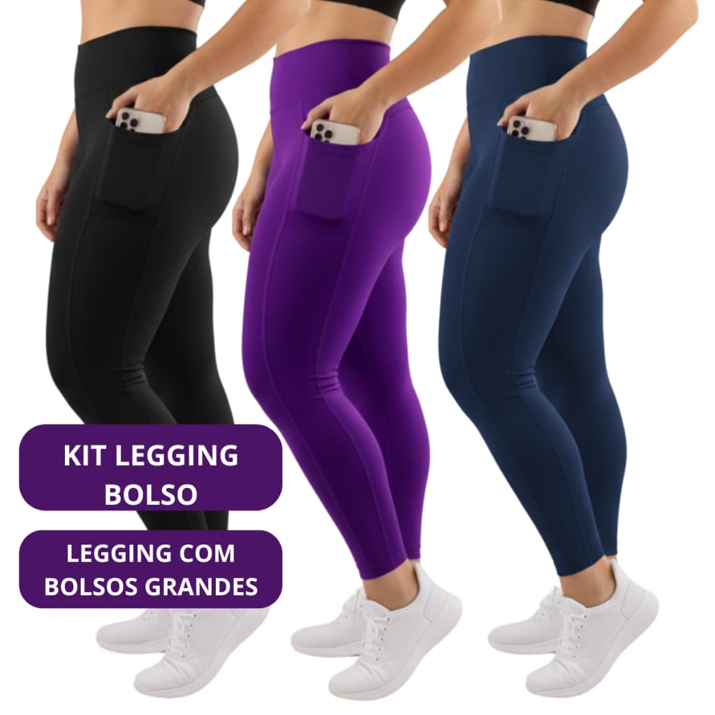 Kit 3 Calça Legging Feminina com Bolso Lateral Fitness Cós alto Esportiva ideal guardar objetos