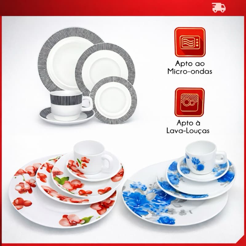 Aparelho de Jantar e Cha 20 Peças Haüskraft Florido Lindo Opal Pratos Raso Fundo Sobremesa Xícara