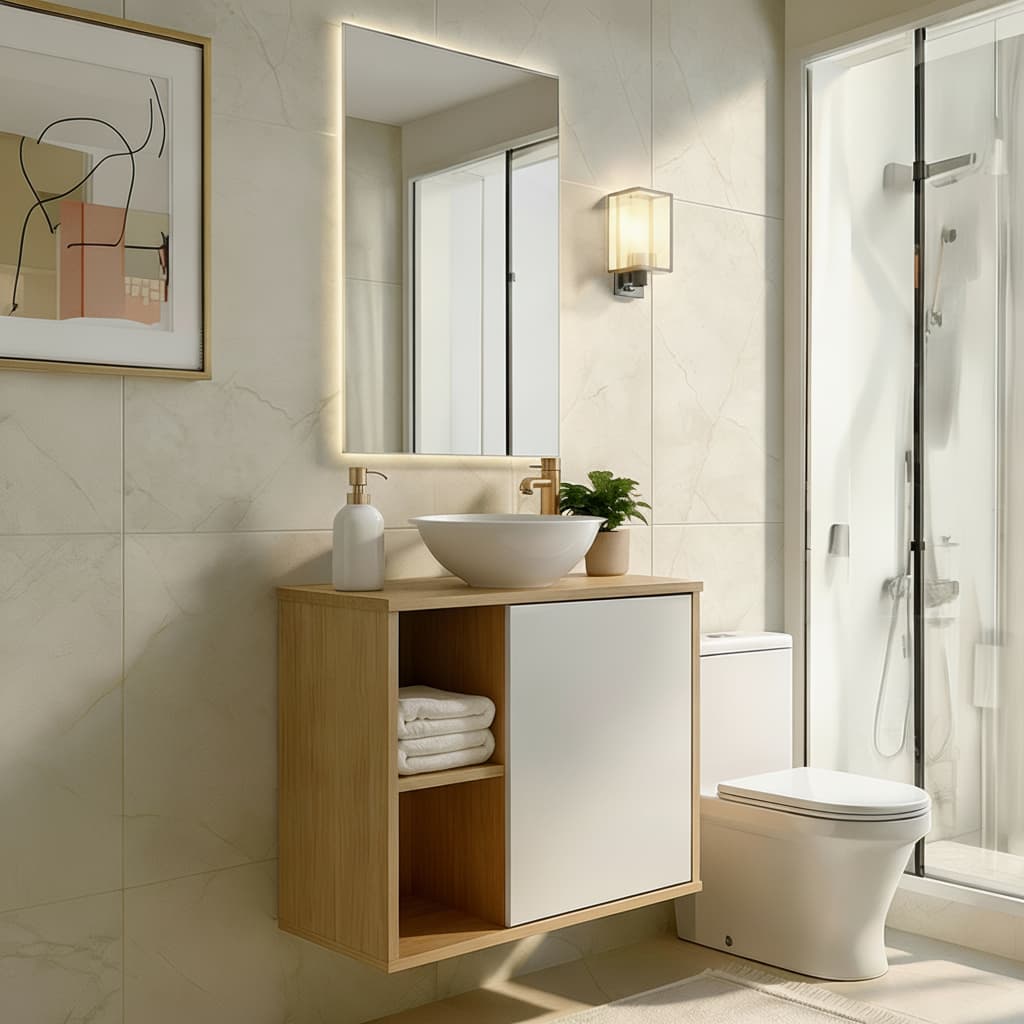 Gabinete Suspenso c/ Cuba Branca Sobrepor Banheiro Moderno 2 Nichos 1 Porta Branco Nature Blue Moby