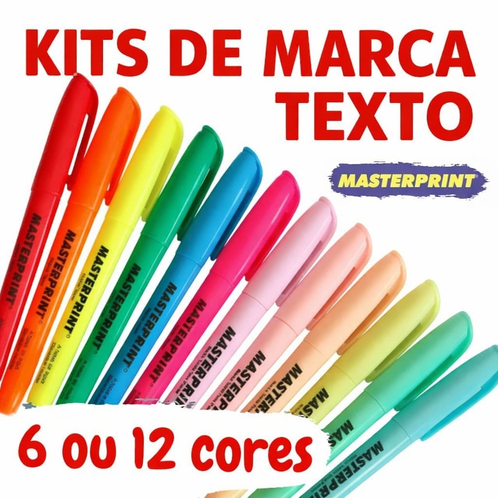 Kit 6 ou 12 Marca Texto Masterprint (6 neon + 6 pasteis) MARCATEXTO