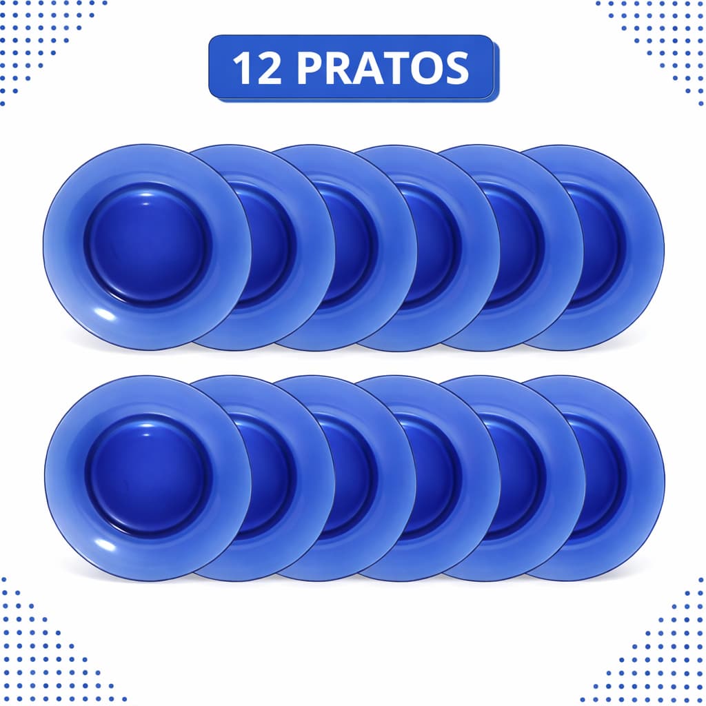 Prato de Vidro Azul 22,6cm | Kit 4, 6 ou 12 Unidades | Prato Fundo Moderno Resistente