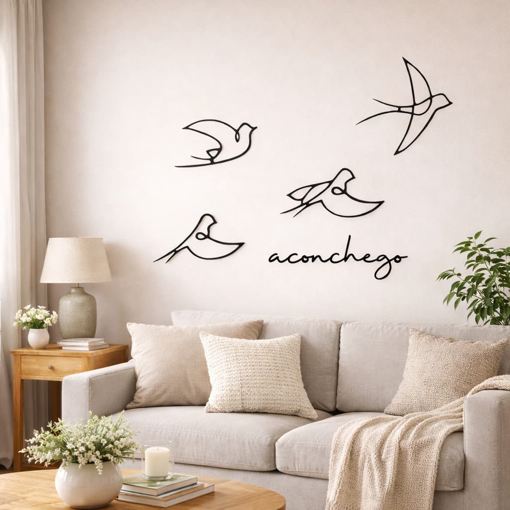 Kit 4 Pássaros Decorativos em MDF + Palavra Aconchego | Decoração Minimalista