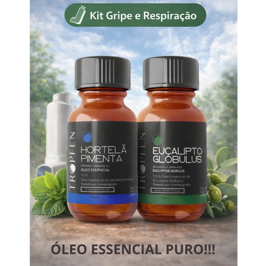 Kit Óleo Essencial Respiração Gripe - Hortelã Pimenta + Eucalipto Glóbulos 100% Puro 10mL Cada