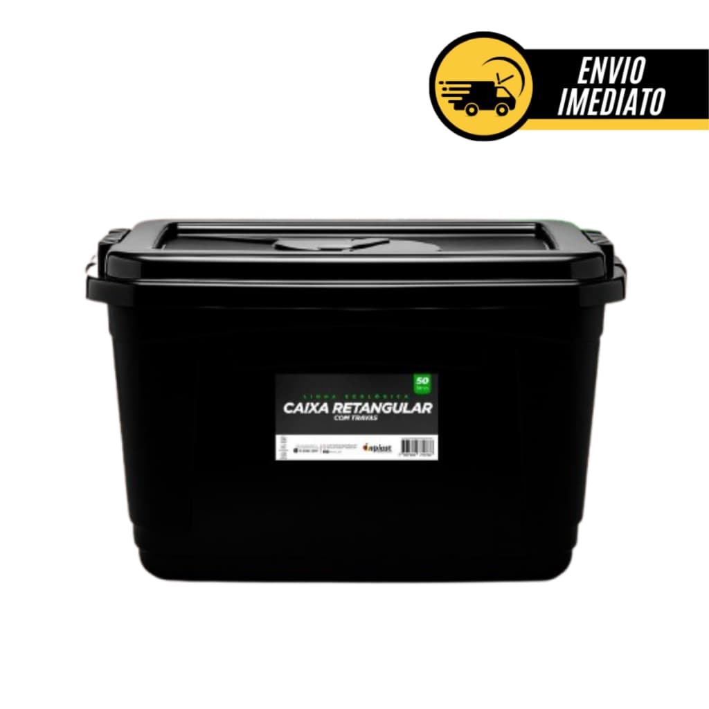 Caixa Organizadora 50 Litros Reforçada Com Trava Tampa e Rodinhas Empilhável Preta Multiuso