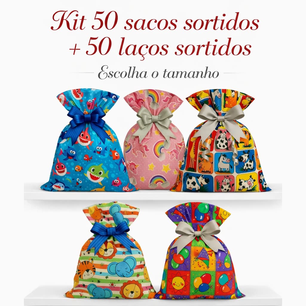 Kit 50 Sacos Presente Infantil Sortidos + 50 Laços | Escolha o Tamanho | Festa Embalagem Luxo Premium Criança