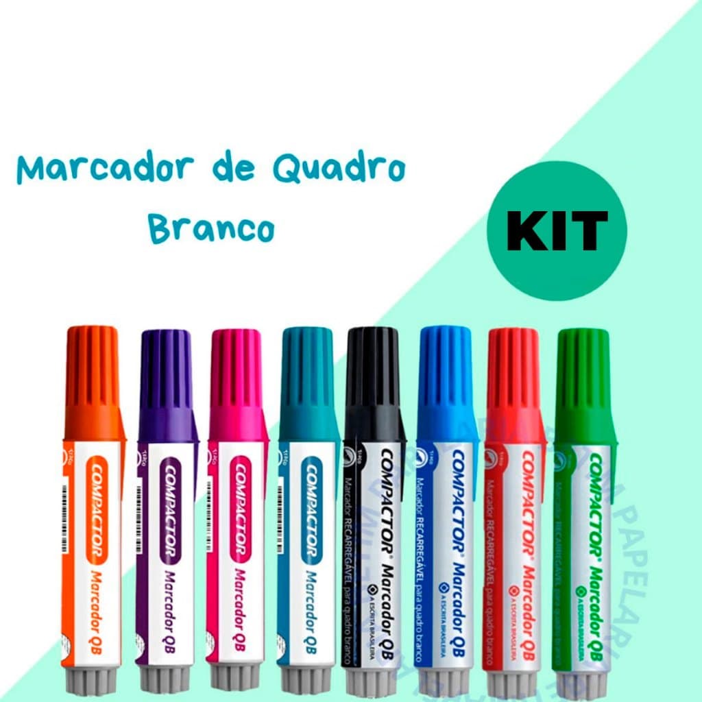 Kit 8 ou 4 Marcadores Para Quadro Branco QB Recarregável 8 Cores Compactor