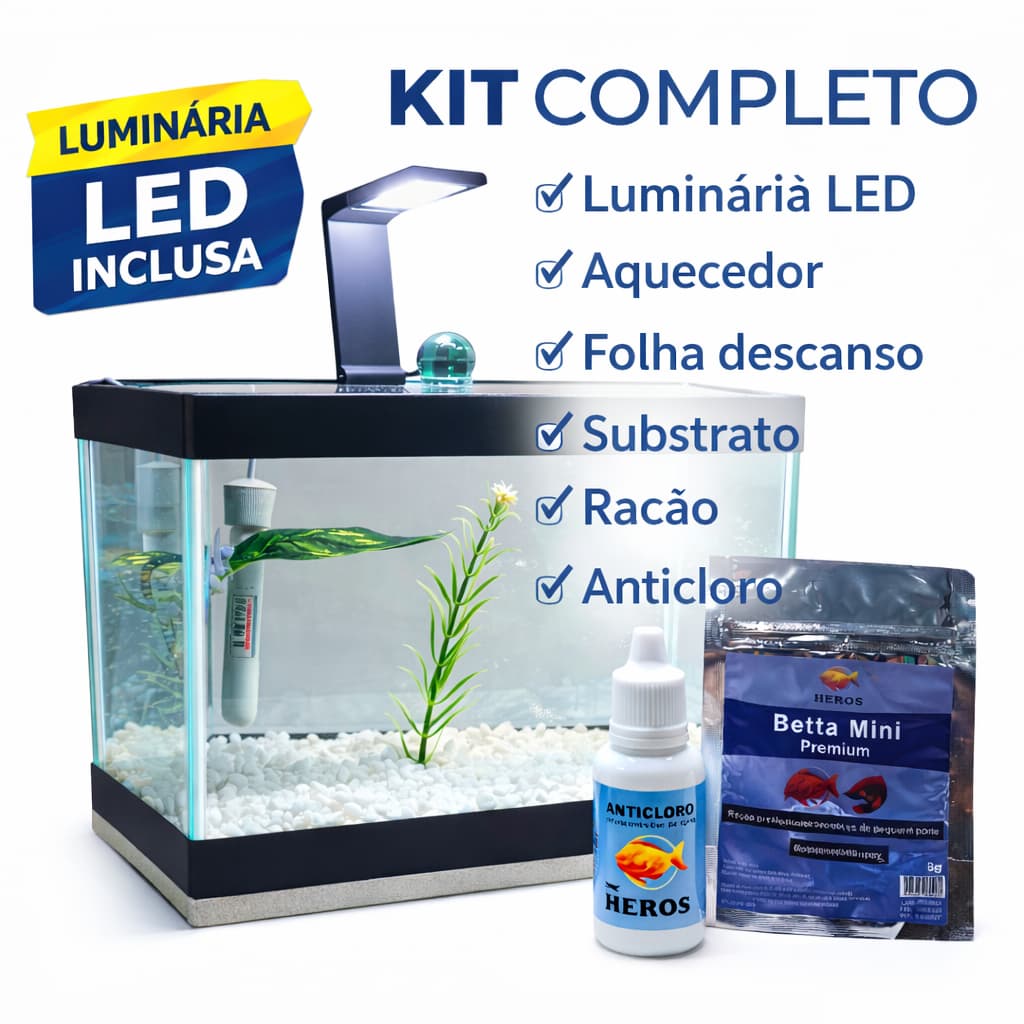 Aquário Completo Beteira - Aquário + Luminária + Decorações + Aquecedor + Ração e Anticloro