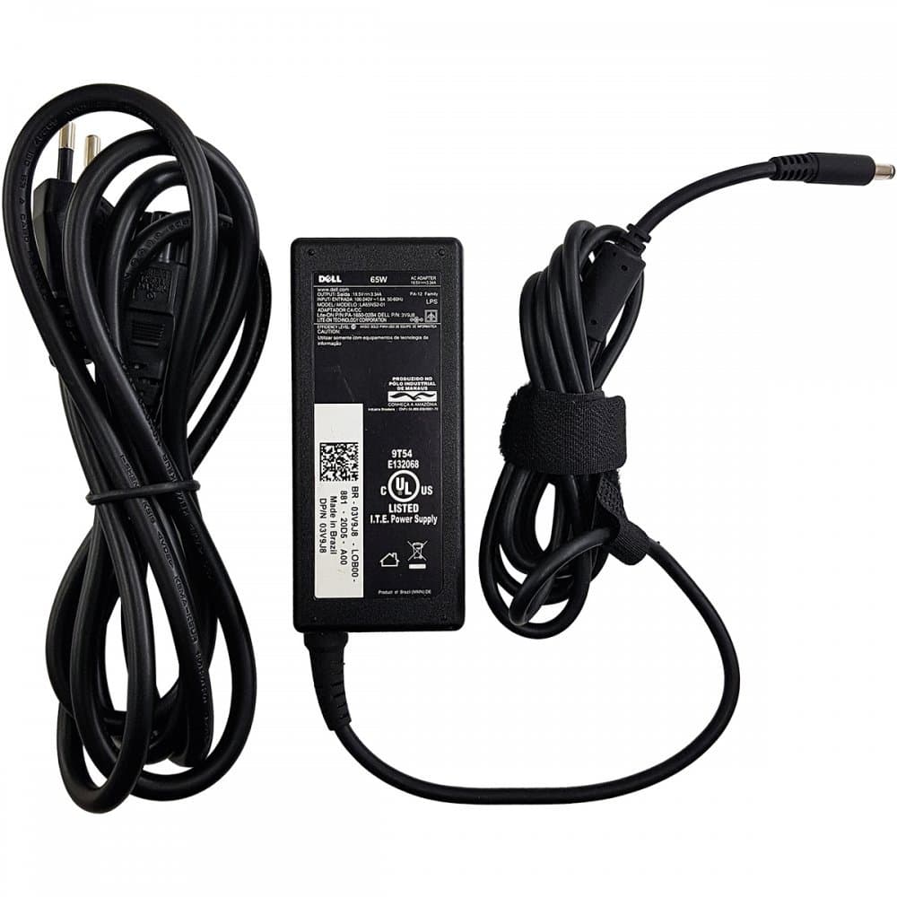 Fonte Carregador Dell 19.5v 3.34a 65w La65ns2-01 Plug Fino Preto