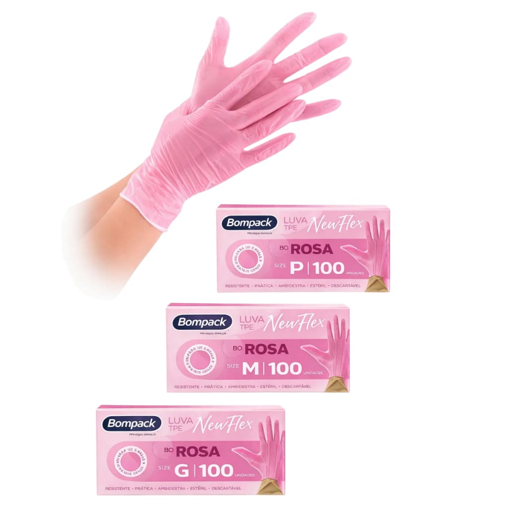 Luva Rosa Newflex Bompack s/ Pó com 100 Unidades Tamanho P M G | Descartável | Envio Imediato
