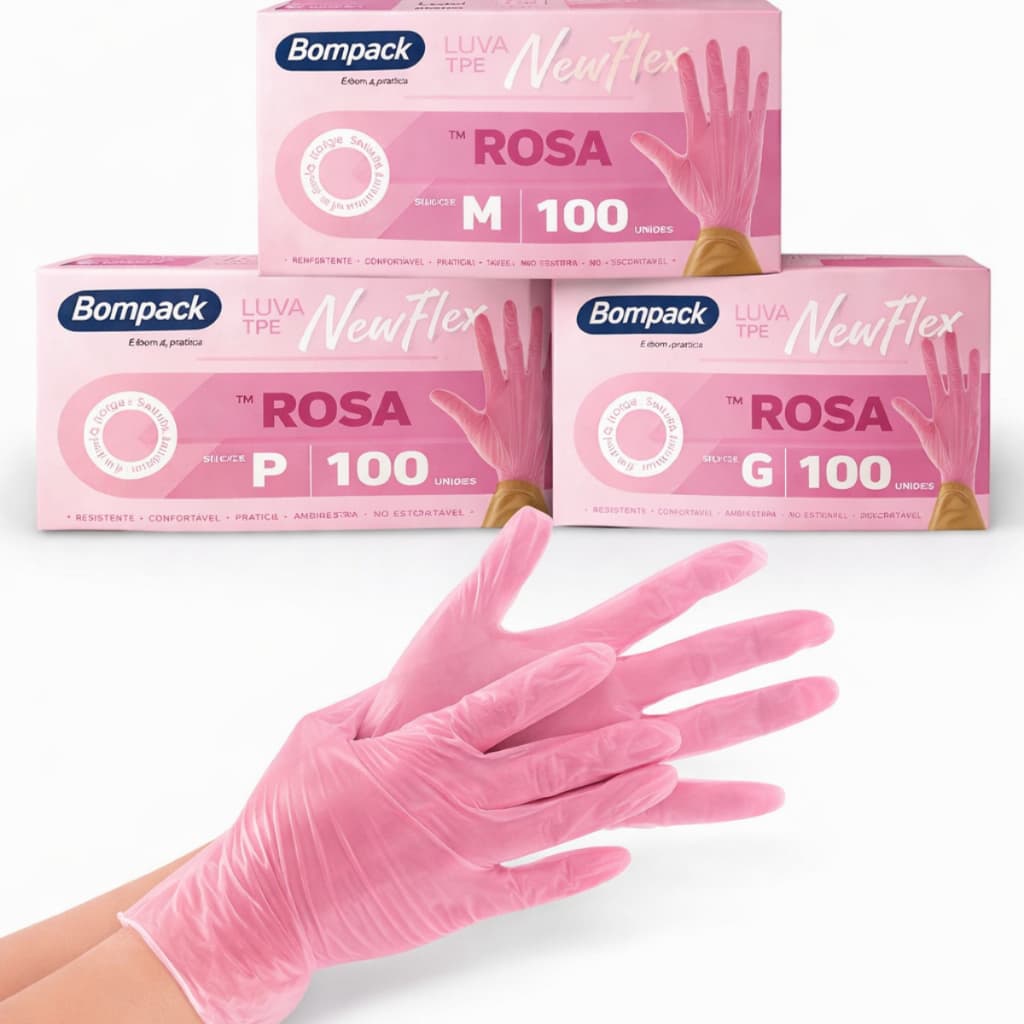 KIT 100 LUVAS VINILFLEX ROSA DESCARTÁVEIS SEM PÓ BOMPACK