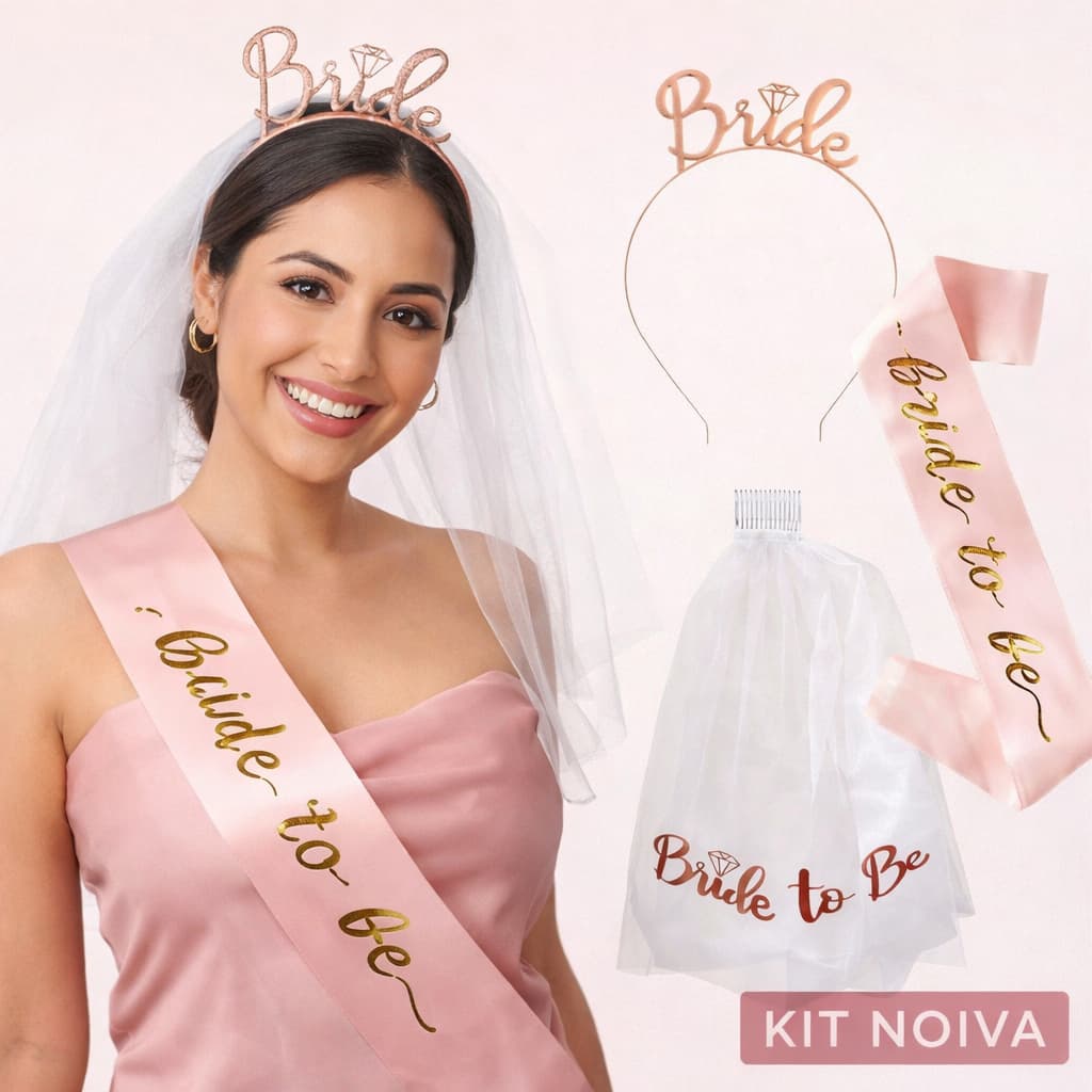Kit Completo Casamento Noiva Véu Faixa Tiara Bride to be Rose Gold Despedida de Solteira Festa Chá de Lingerie
