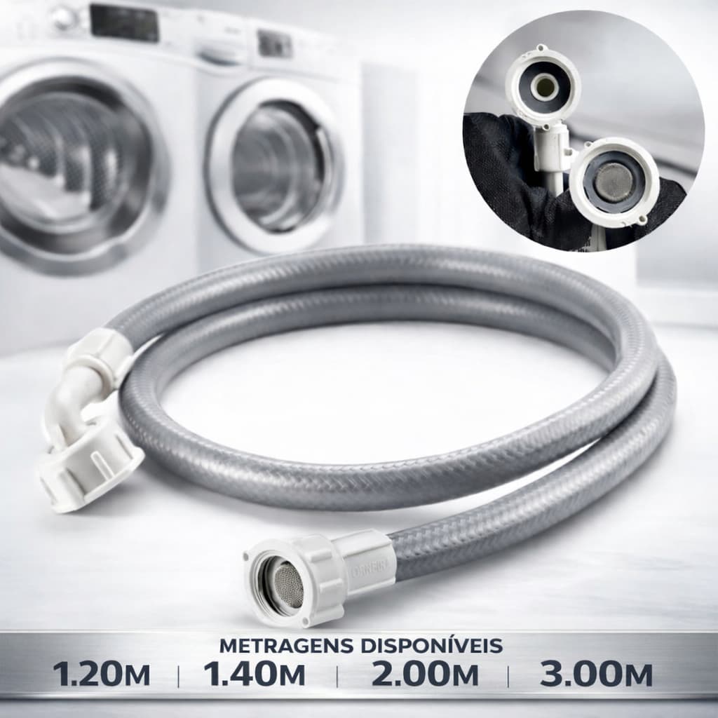 Mangueira de Entrada Máquina Lavar 1,20m 2m 3m e 5 metros Agua Lavadora Cinza Universal Compativel