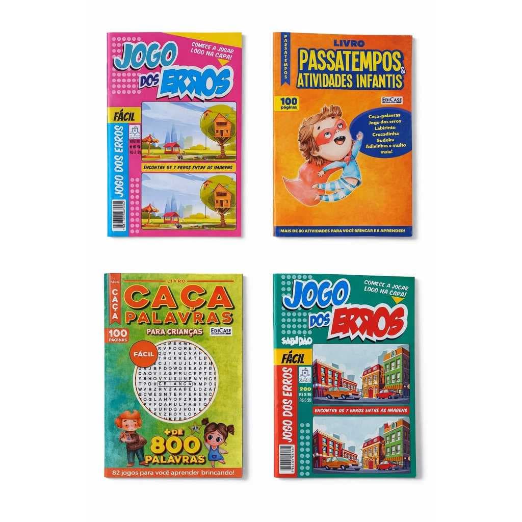 Kit 4 Revistas 2 JOGO DOS ERROS + 1 Caça Palavras + 1 ATIVIDADES