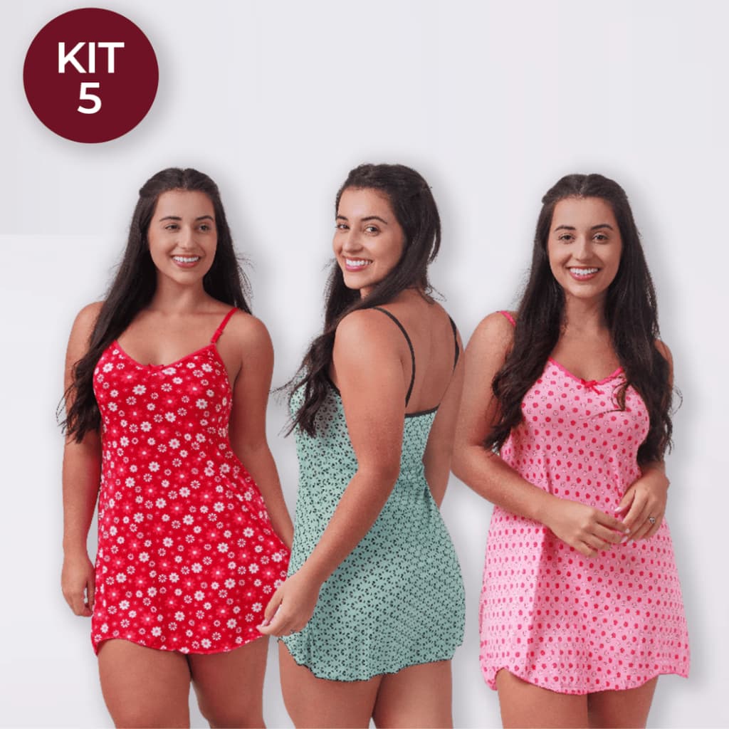Kit 5 Camisolas Feminina de Poliéster Estampada Adulto Pijama Feminino Sexy Camisola Vestido de Dormir