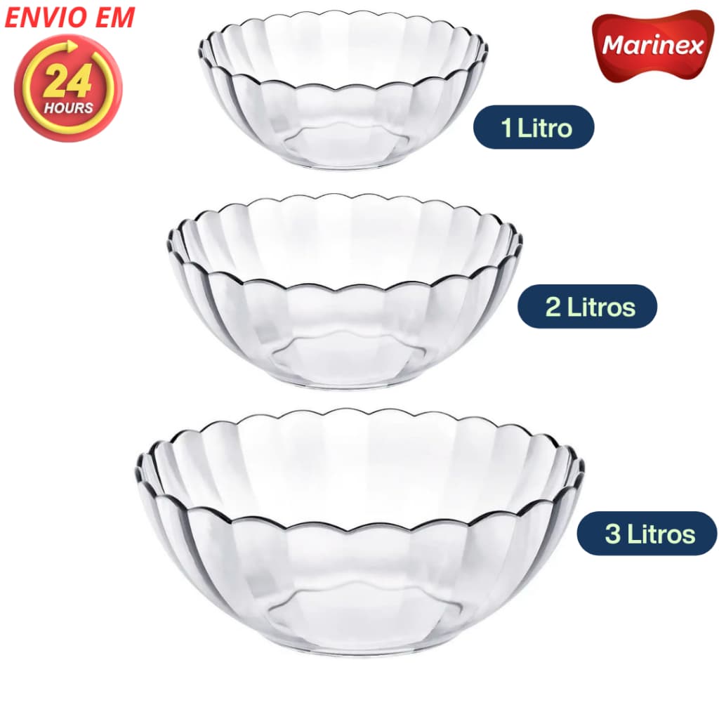 Kit Conjunto 3 Tigelas Bowl Marinex Bella 3,1L + 2L + 1L Vidro Temperado Resistente e Versátil Duralex