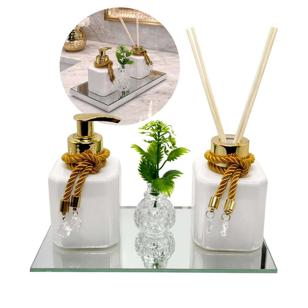 Kit Lavabo PREMIUM Pet Cubo Saboneteira e Aromatizador com Bandeja e Vaso