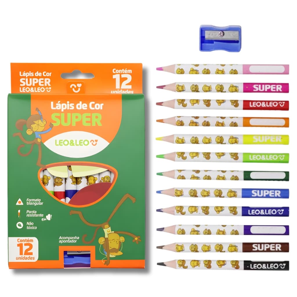 Lápis Jumbo Triangular 12 Cores + Apontador - Leo e Leo