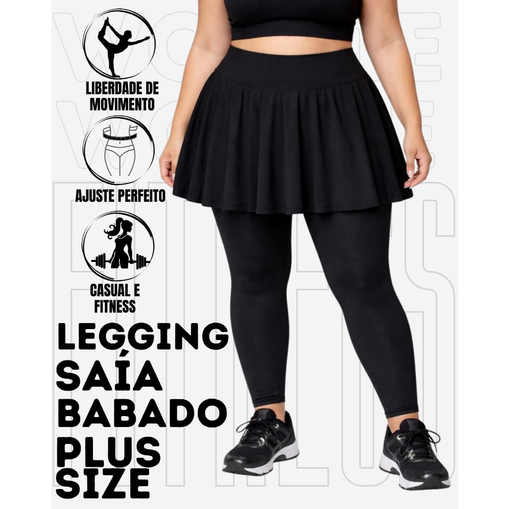 Calça Legging Com Saia Babado Plus Size Tapa BumBum WOLFOX Em Suplex Conforto Fitness Academia