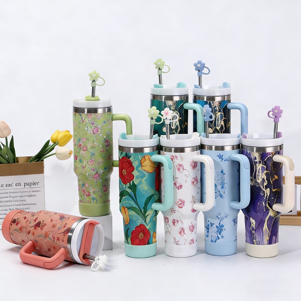 Garrafa Térmica Inox 304 Floral 1200ML 12h Quente e Frio Canudo Inox Antiderrapante Protetor Antipó Café Água Suco