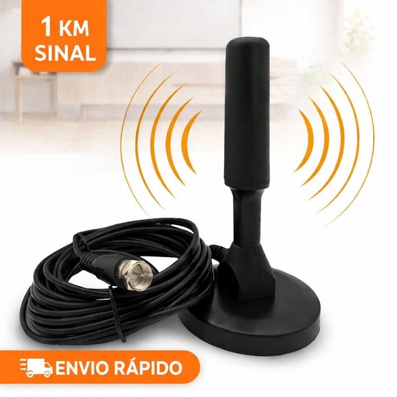 Antena Digital Amplificada Interna e Externa 1.5 a 5 Metros Base Imã Prova d'água 4DBI HDTV/UHF/VHF