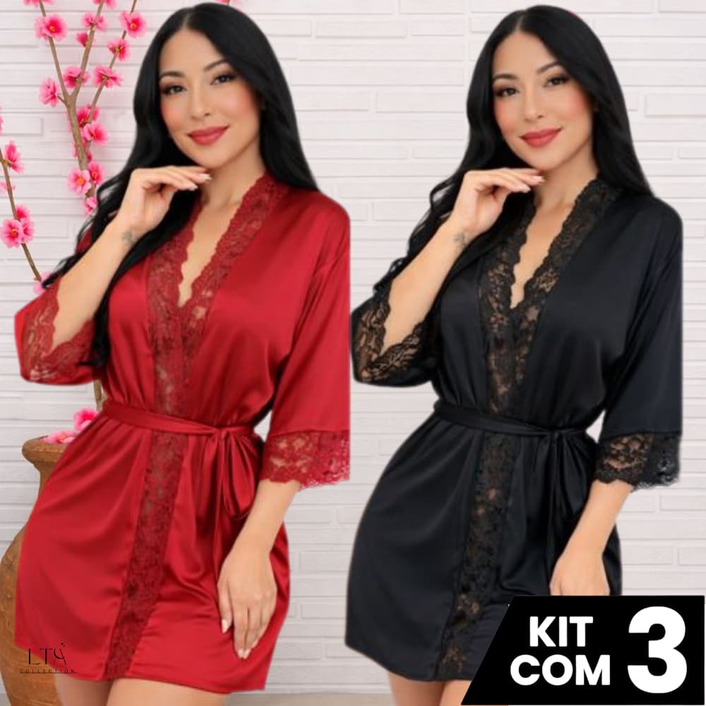 KIT 3 Robe Feminino Noiva Renda Luxo Roupão Banho Kimono Roupa Dormir Gestante Suave Lingerie Elegante
