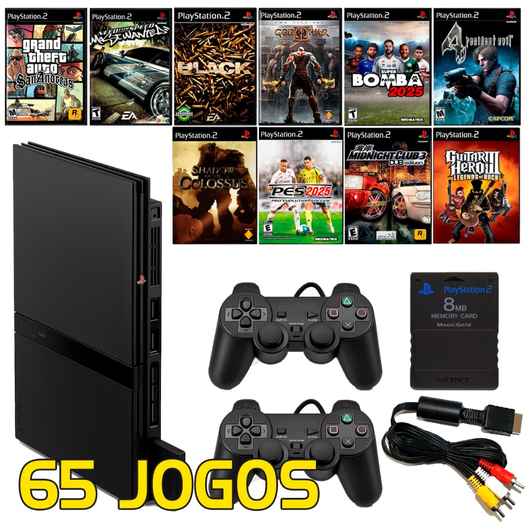 Sony Playstation 2 Slim + 2 Controles + 65 Jogos + Cabo AV + Pendrive 128gb + Memory Card + Completo