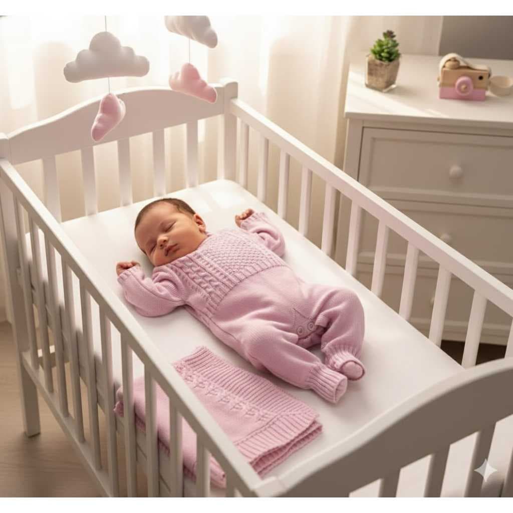 Kit Tricô Saida Maternidade Macacão Manga Longa e Manta Tranças Recém Nascido Unissex Tricot