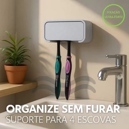 Porta Escovas de Dente com Fixação Sem Furo – Suporte Para até 4 Escovas + Fita Dupla Face Forte