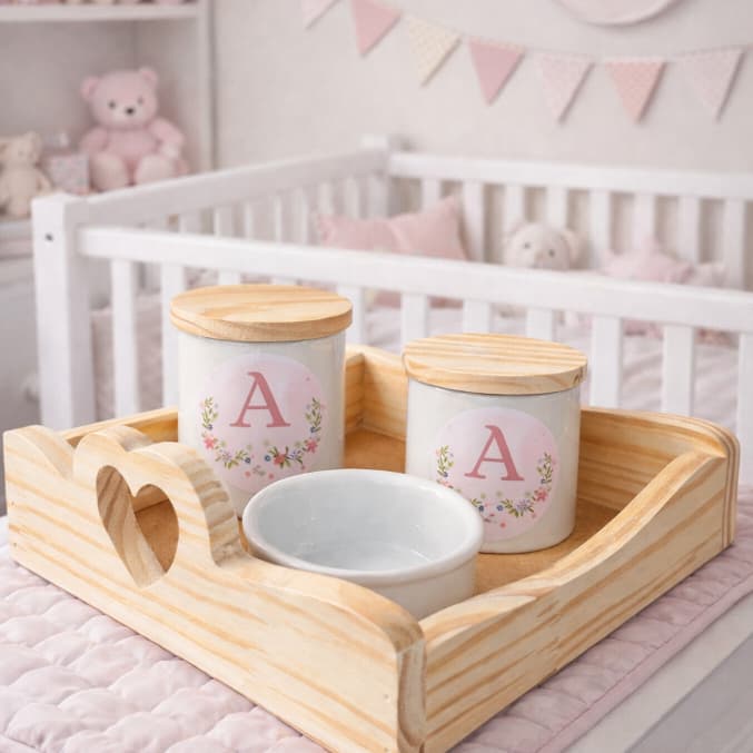 Kit Higiene Bebê Porcelana Pinus Coração Personalizado Menino Menina