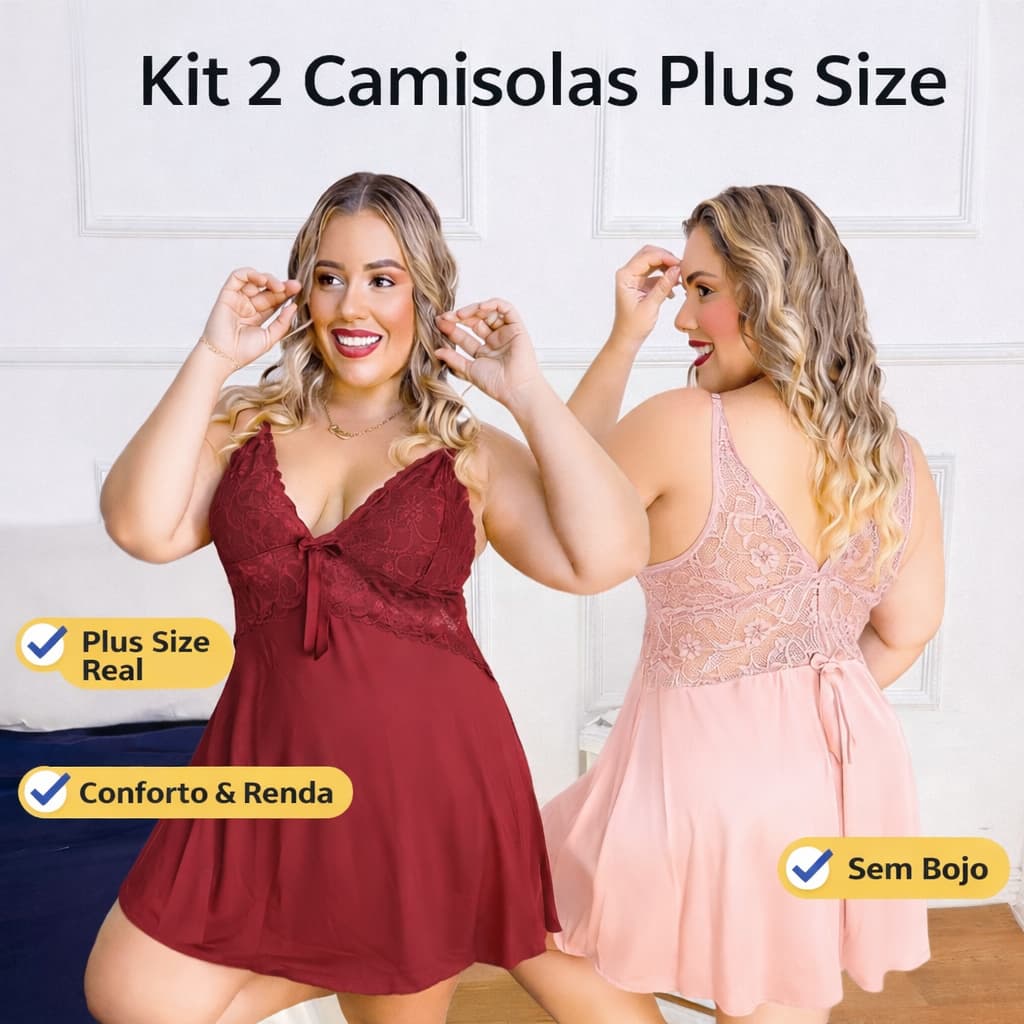 Kit 2 Camisolas Sexy Plus Size Laisa Rendada Sem Bojo Delicada e Confortável Linha Noite Luxo
