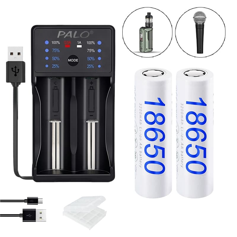Kit Carregador De Pilhas Recarregáveis Luzes Indicadoras E 18650 De 3.7v 3200mAh 2 Baterias 1200 Ciclos