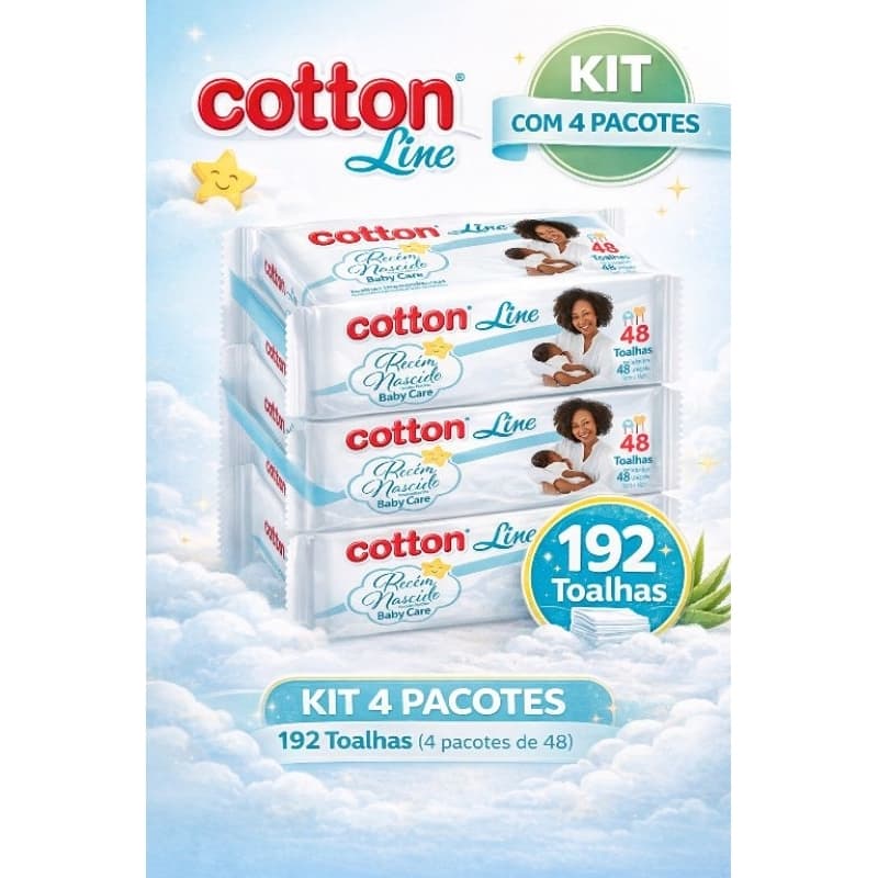 Lenços Umedecidos Recen Nascido - Kit 4 Pacotes C/ 48 Toalhas cada - Cotton Line