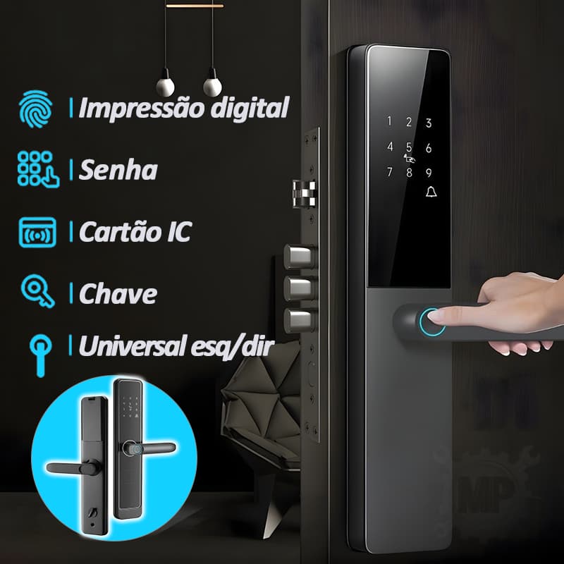 Fechadura Digital Biométrica Touch - Toque, Biometria, Cartão Magnético, Chave, Aviso de Bateria Fraca, Micro USB