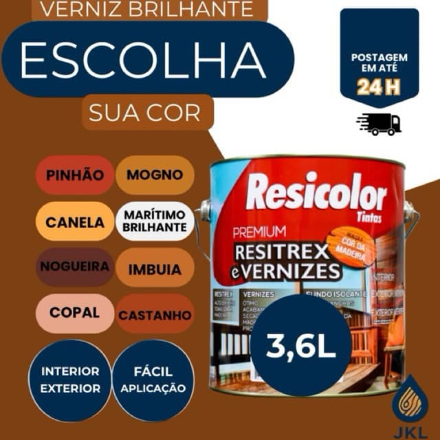Verniz Brilhante Para Madeira Interno Secagem Rápida Lata Galão 3,6 Litros - Resicolor