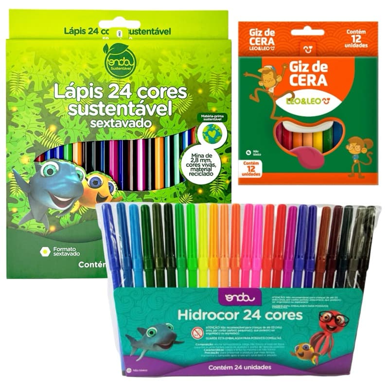 kit Lápis de Cor 24 Cores + Canetinha + Giz 12 Cores - Caneta Hidrográfica 24 cores
