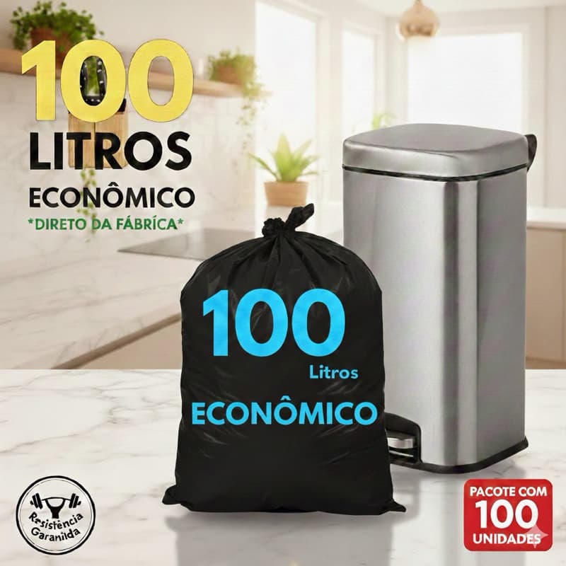 Sacos de Lixo Preto 100 Litros  Econômico  com 100 Unidades