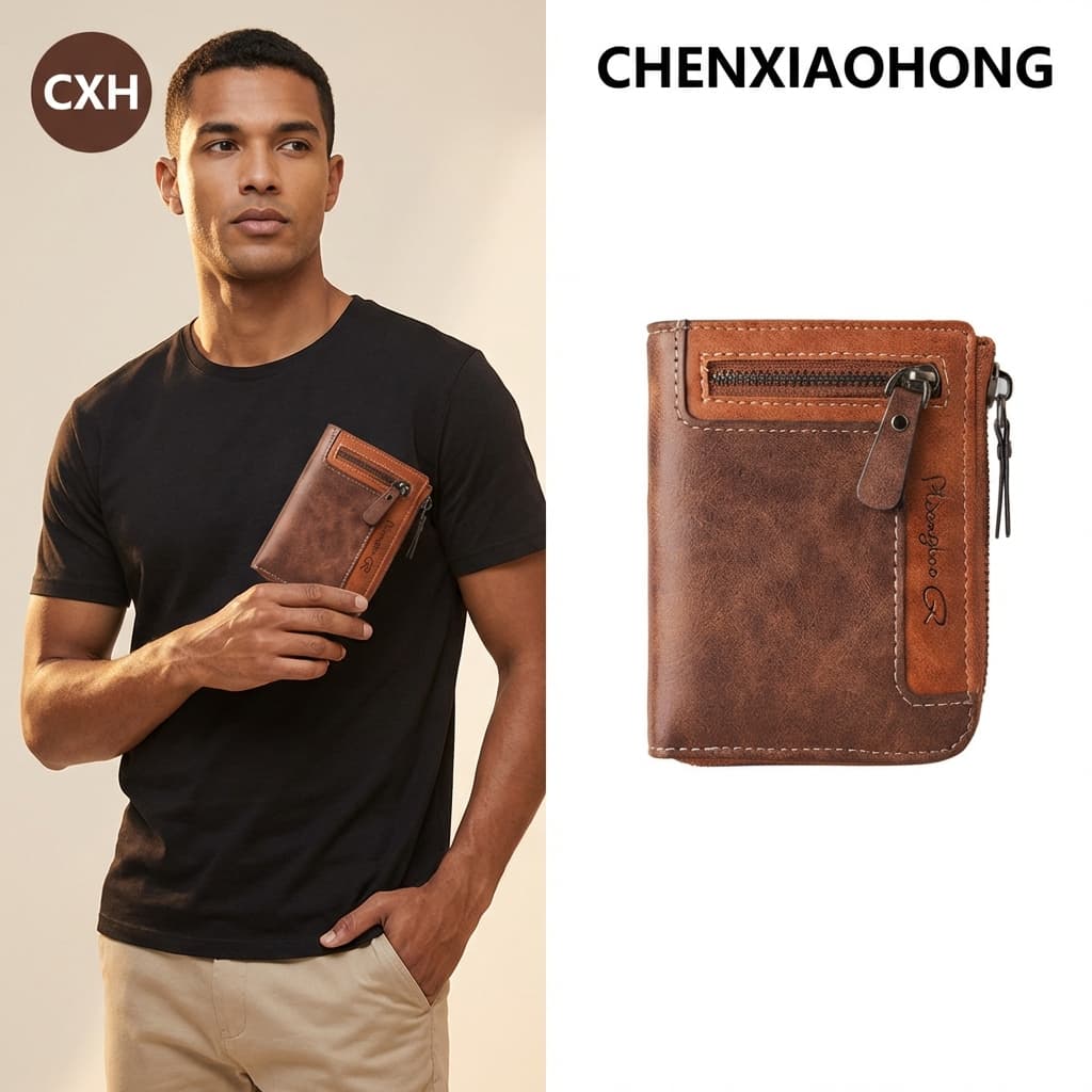 Carteira Masculina Retrô Multifuncional Com Zíper – Porta-Cartões Versátil De Grande Capacidade