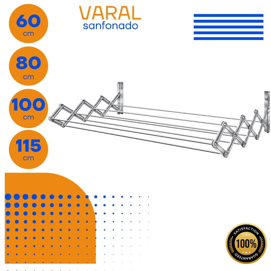 Varal Sanfonado de Parede Resistente Vários Tamanhos Alumínio, Branco e Preto