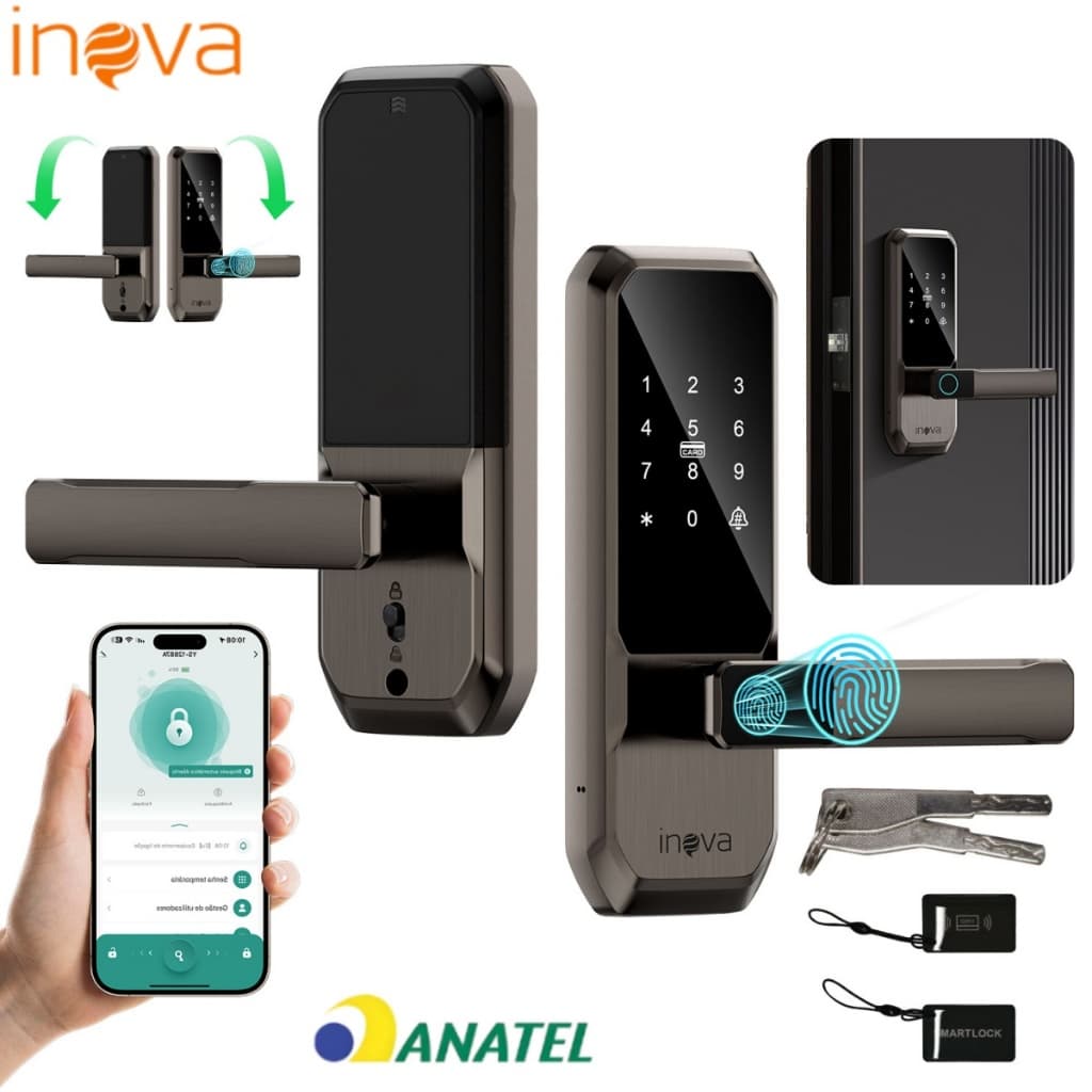 INOVA Fechadura Eletrônica Digital Intelar Wifi Tuya 5 em 1 Com Biometria, Bluetooth, Senha Touch