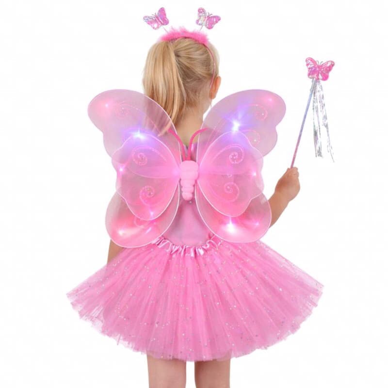 Fantasia Infantil Fada Borboleta Completa Rosa Asa Saia Tiara Varinha Fantasia 3/5 anos