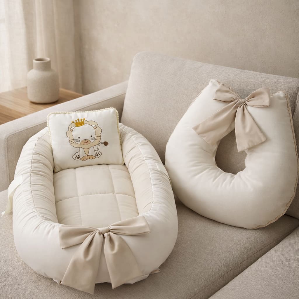 Kit Ninho e Almofada Safari Leão Bordado: Redutor de Berço Ajustável + Almofada Amamentação