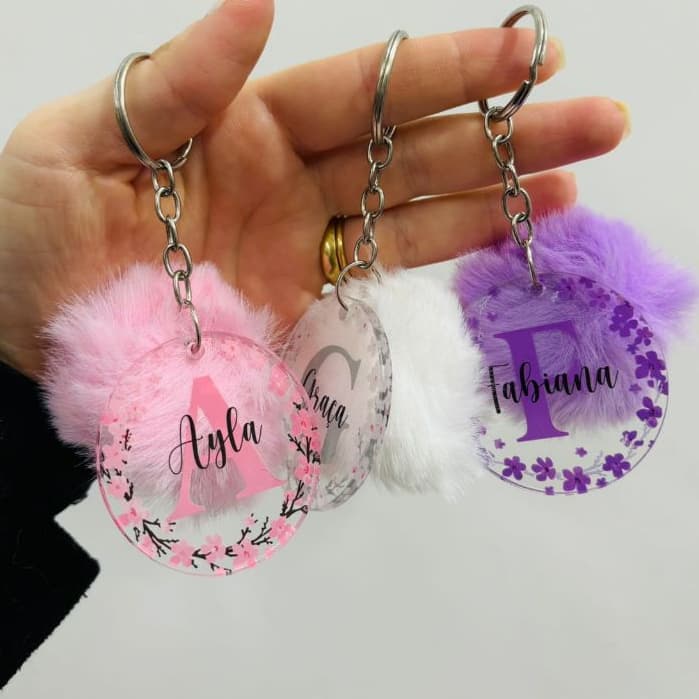 Chaveiro Floral Personalizado com Nome (Acompanha Pompom)