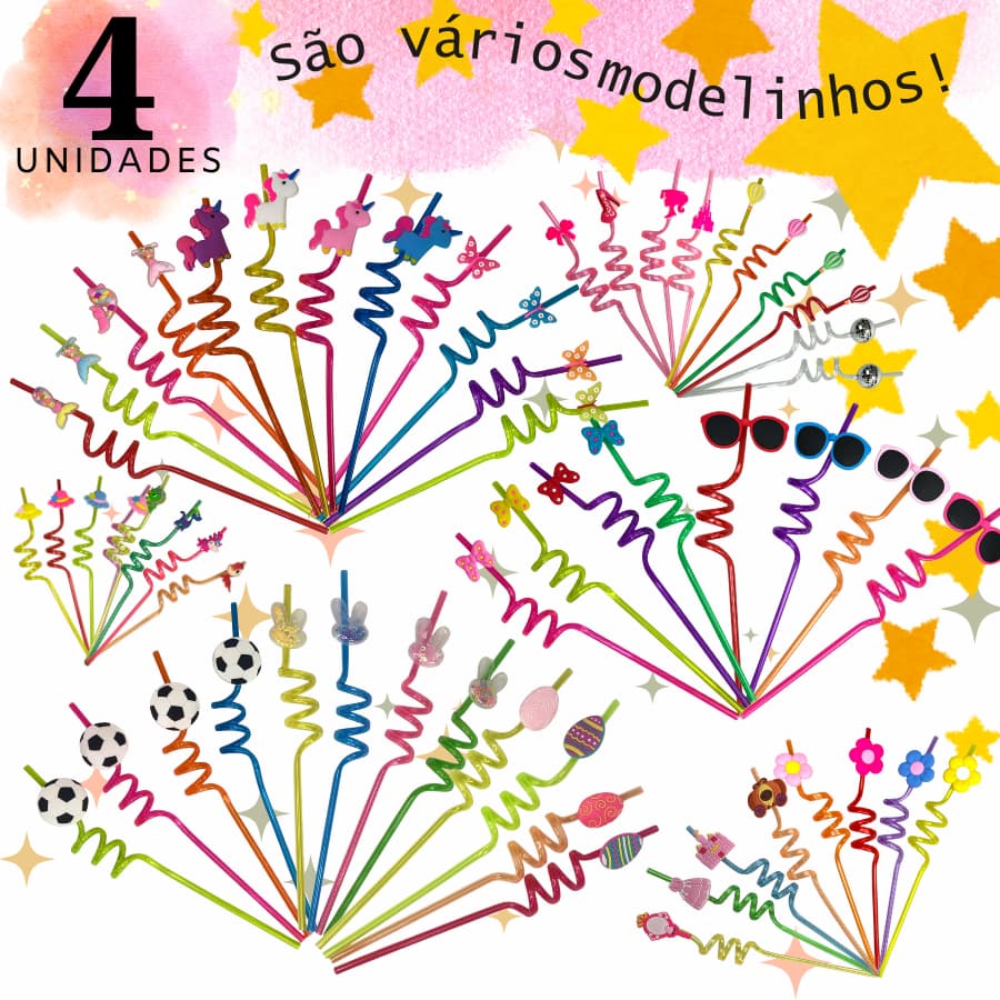 Canudo Acrílico Resistente Reutilizável 4 Un Vários Temas C/ Ponteiras Divertidas