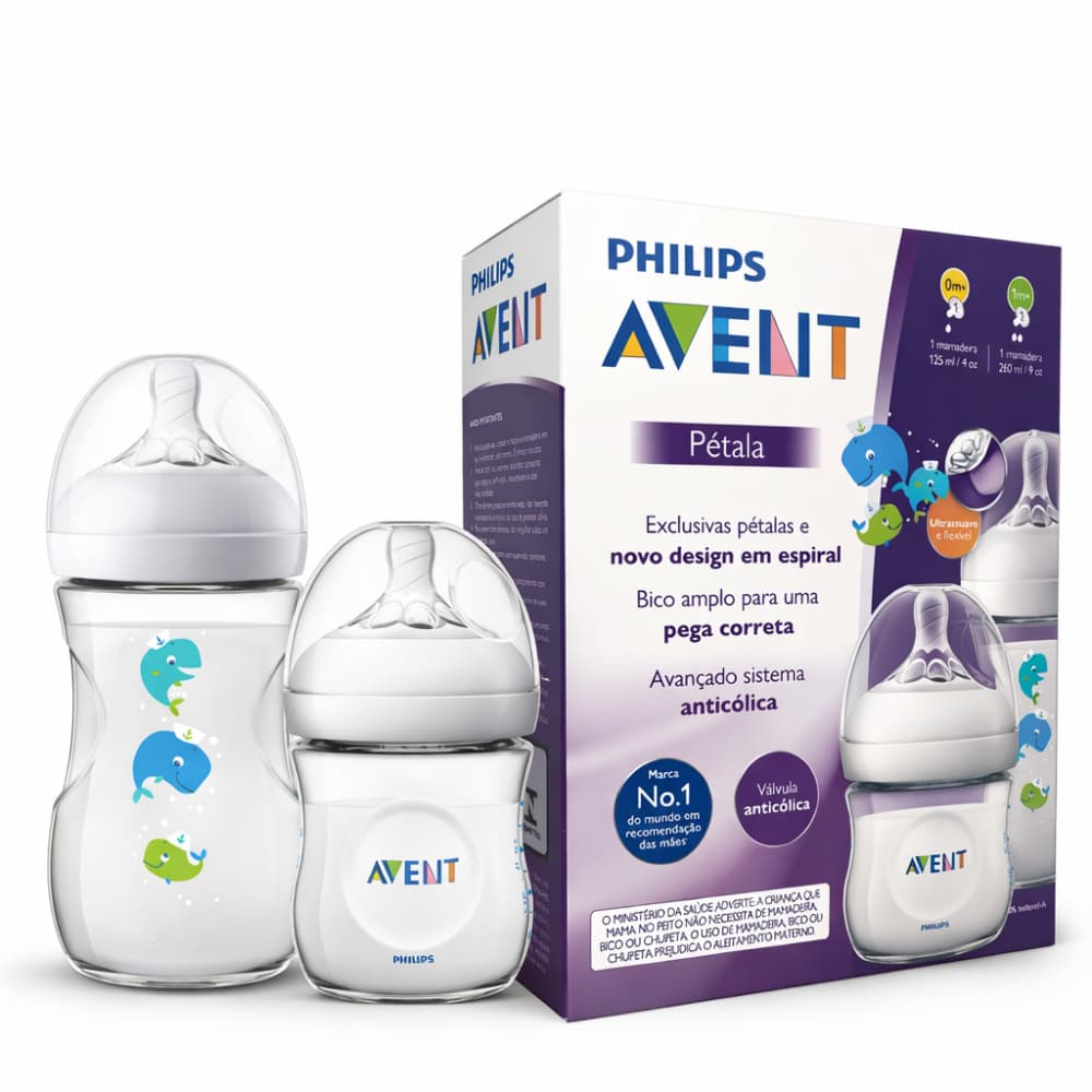 Kit 2 Mamadeiras Pétala Baleia 125ml + 260ml Duplo Philips Avent